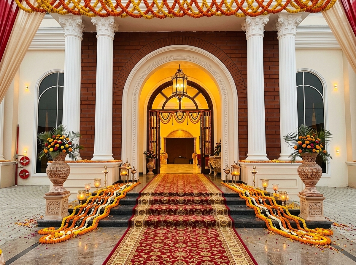Grand ceremonial entrance gate of Shah Junction Villa with neoclassical white columns, arched portico, hanging lantern, and cascading marigold flower staircase in Sahaipur, Punjab