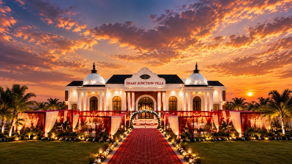 Shah Junction Villa — Grand illuminated marriage palace with twin domes, royal crimson marquee, chandeliers and sunset sky in Punjab
