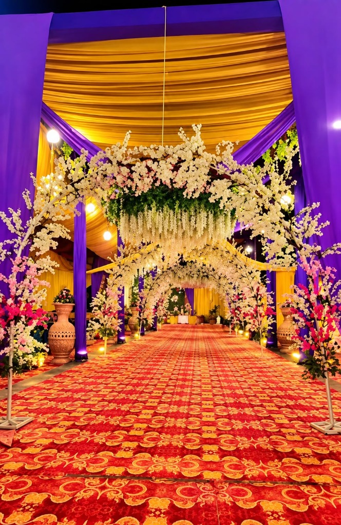 Illuminated floral wedding entry walkway with chandeliers at Shah Junction Villa